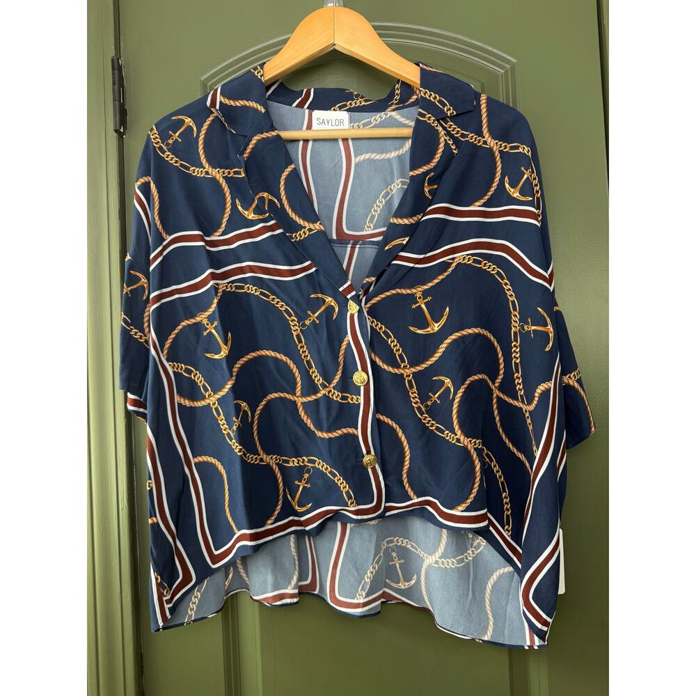 NWT Saylor Walton Nautical Status Print Top Resort Coastal Beach Deep Navy Small - Picture 1 of 5